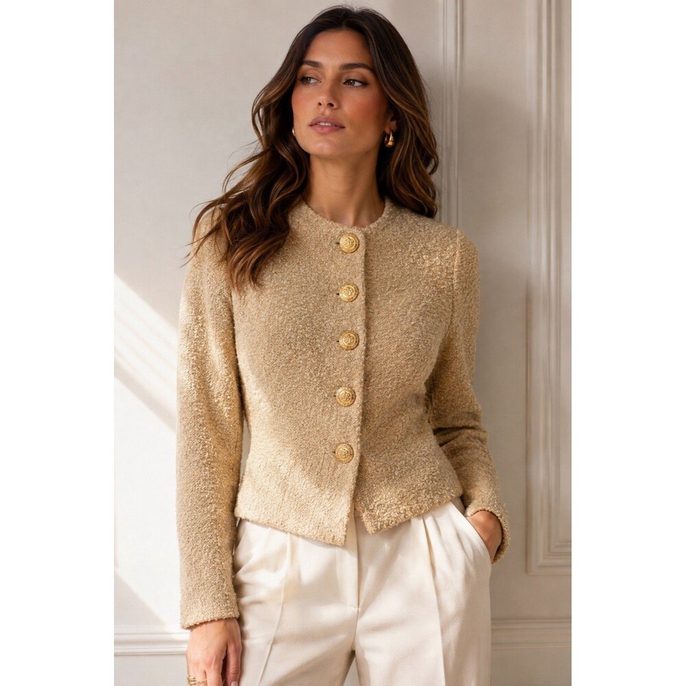 St. John Collection Marie Gray Gold Metallic Bouclé Knit Jacket Size 2